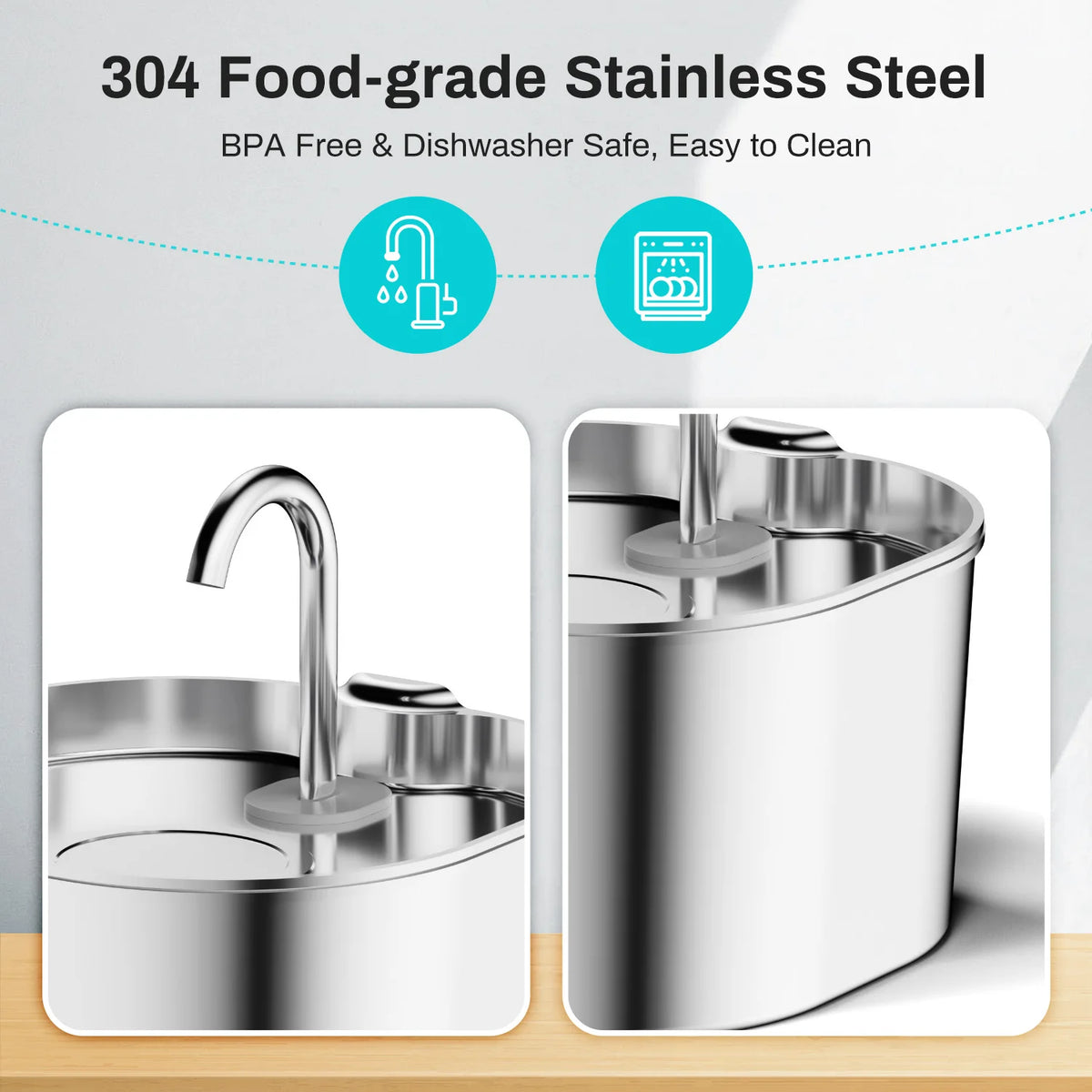 Snapflow Pet Water Fountain in stainless steel, side view