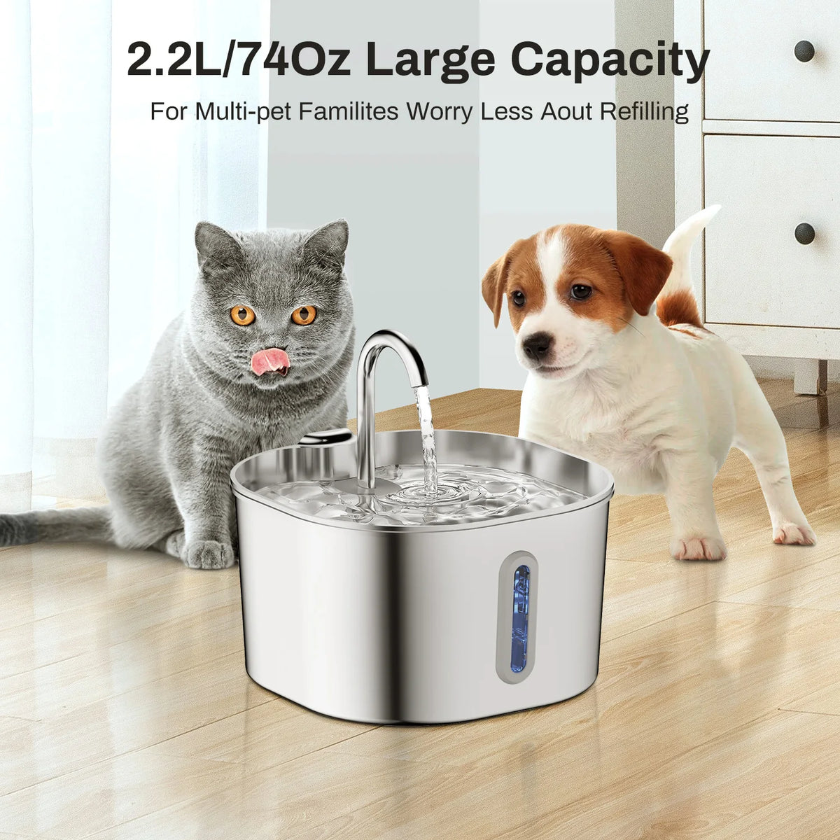 Snapflow Pet Water Fountain, 2.2L stainless steel drinking fountain for cats and dogs